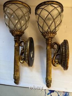 2 Vintage Wall Candle Sconces Caged Glass Gold Bubble Hand Blown Large