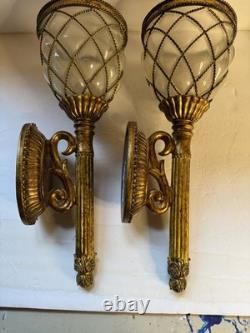 2 Vintage Wall Candle Sconces Caged Glass Gold Bubble Hand Blown Large
