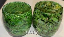 2 Votive Hand Blown Art Glass Seattle Artist Dehanna Jones Green/Multi/Metallics