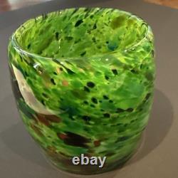 2 Votive Hand Blown Art Glass Seattle Artist Dehanna Jones Green/Multi/Metallics
