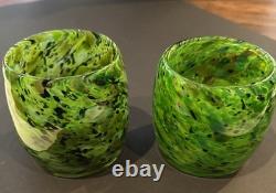 2 Votive Hand Blown Art Glass Seattle Artist Dehanna Jones Green/Multi/Metallics