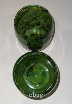2 Votive Hand Blown Art Glass Seattle Artist Dehanna Jones Green/Multi/Metallics