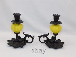 2 Vtg Yellow Opaline Glass Cast Iron Candle Holders Fingertip Lamp Leaf Base