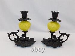 2 Vtg Yellow Opaline Glass Cast Iron Candle Holders Fingertip Lamp Leaf Base