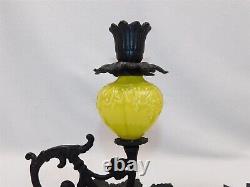 2 Vtg Yellow Opaline Glass Cast Iron Candle Holders Fingertip Lamp Leaf Base