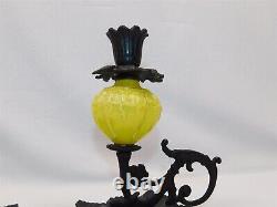 2 Vtg Yellow Opaline Glass Cast Iron Candle Holders Fingertip Lamp Leaf Base