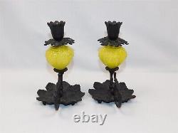 2 Vtg Yellow Opaline Glass Cast Iron Candle Holders Fingertip Lamp Leaf Base