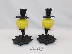 2 Vtg Yellow Opaline Glass Cast Iron Candle Holders Fingertip Lamp Leaf Base