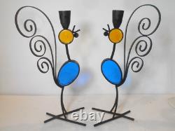 2 Ystad Metal Iron Glass Rooster Candle Holders Gunnar Ander Sweden Rare 1960s