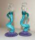 2 Vintage Hand Blown Italian Murano Glass Candlestick Candle Holders Sculpture