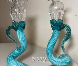 2 vintage hand blown Italian Murano glass candlestick candle holders sculpture