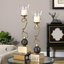 26 Set Of Two Brushed Cofee Bronze Candle Holder Sticks Marble Accents Candles