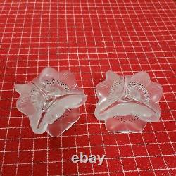 2X Lalique France Crystal 3 Anemone Flower Candlestick Candleholders Signed