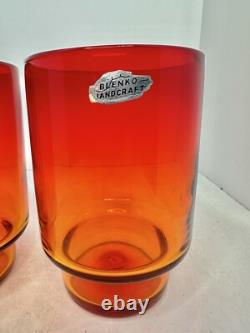 2pc HTF Vintage MCM Blenko Glass 7012s Hurricane Candle Holders Tangerine