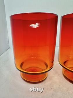 2pc HTF Vintage MCM Blenko Glass 7012s Hurricane Candle Holders Tangerine