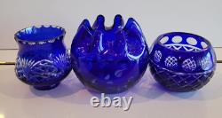 3 COBALT BLUE CUT TO CLEAR GLASS CANDLE HOLDERS BOHEMIAN CZECH 3 to 4.25 INCH