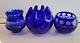 3 Cobalt Blue Cut To Clear Glass Candle Holders Bohemian Czech 3 To 4.25 Inch