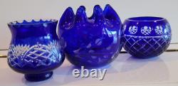 3 COBALT BLUE CUT TO CLEAR GLASS CANDLE HOLDERS BOHEMIAN CZECH 3 to 4.25 INCH