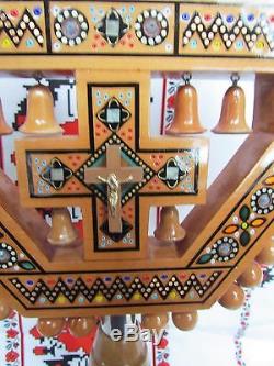 3 Holes Ukrainian Candle Holder, Intarsia, Peer Wood, Inlaid Glass Beads, Cross