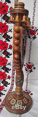 3 Holes Ukrainian Candle Holder, Intarsia, Peer Wood, Inlaid Glass Beads, Cross