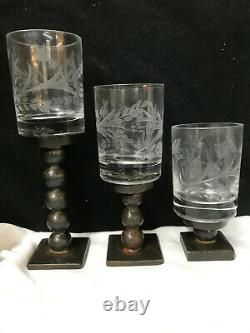 3 Jan Barboglio Iron & Etched Glass Candle Holders