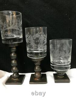 3 Jan Barboglio Iron & Etched Glass Candle Holders