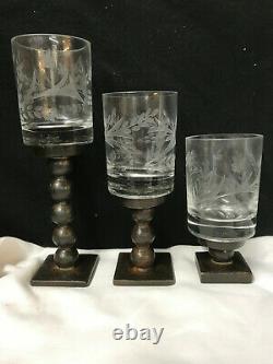 3 Jan Barboglio Iron & Etched Glass Candle Holders