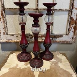 3 Large 2-18 &1 15 Pillar Candle Holders Ornate Heavy Resin Withglass Globes EUC