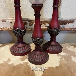 3 Large 2-18 &1 15 Pillar Candle Holders Ornate Heavy Resin Withglass Globes EUC