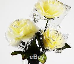 3 Pieces Diamante Tea Light Candle Holder With Vase & Cream Roses Wedding Decor