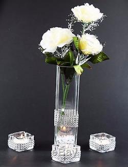 3 Pieces Diamante Tea Light Candle Holder With Vase & Cream Roses Wedding Decor