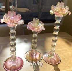 3 Rose Candle Holders Art Glass Floral Pink Green Flower Elegant Romantic