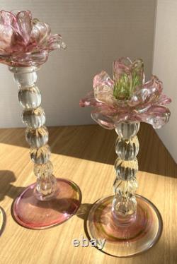 3 Rose Candle Holders Art Glass Floral Pink Green Flower Elegant Romantic