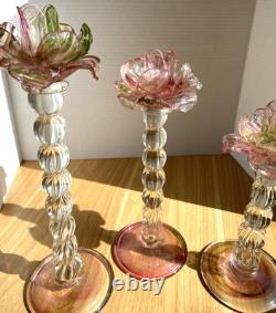 3 Rose Candle Holders Art Glass Floral Pink Green Flower Elegant Romantic