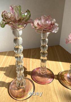 3 Rose Candle Holders Art Glass Floral Pink Green Flower Elegant Romantic
