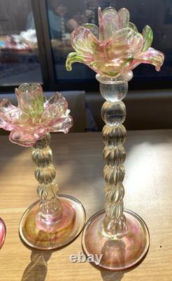 3 Rose Candle Holders Art Glass Floral Pink Green Flower Elegant Romantic