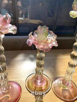 3 Rose Candle Holders Art Glass Floral Pink Green Flower Elegant Romantic