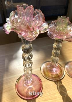 3 Rose Candle Holders Art Glass Floral Pink Green Flower Elegant Romantic