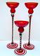 3 Tall Red Green Clear Handblown Polish Crystal Art Glass Candle Stick Holders