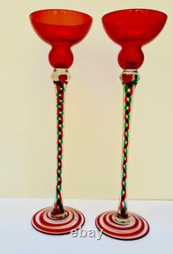3 Tall Red Green Clear Handblown Polish Crystal Art Glass Candle Stick Holders