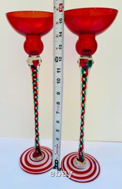 3 Tall Red Green Clear Handblown Polish Crystal Art Glass Candle Stick Holders
