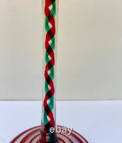 3 Tall Red Green Clear Handblown Polish Crystal Art Glass Candle Stick Holders