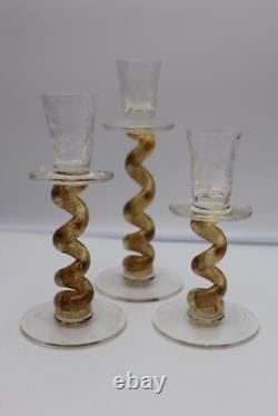 3 Union Street Hand Blown Glass Candle Holders Signed Gold Crackle Vintage ART
