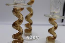 3 Union Street Hand Blown Glass Candle Holders Signed Gold Crackle Vintage ART