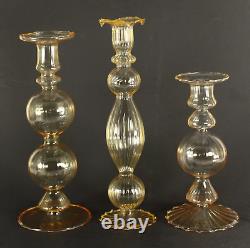 = 3 Vintage Murano Art Glass Candle Holders, Hand Blown, Clear w. Peach Hues