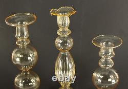 = 3 Vintage Murano Art Glass Candle Holders, Hand Blown, Clear w. Peach Hues