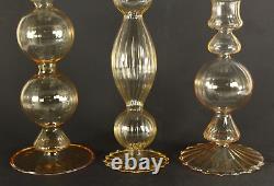 = 3 Vintage Murano Art Glass Candle Holders, Hand Blown, Clear w. Peach Hues