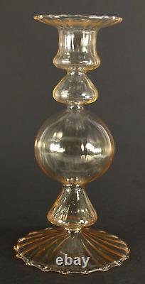 = 3 Vintage Murano Art Glass Candle Holders, Hand Blown, Clear w. Peach Hues