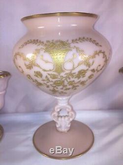 3 pc set CAMBRIDGE Glass PINK CROWN TUSCAN Gold Encrusted 9 VASE Candle Holders