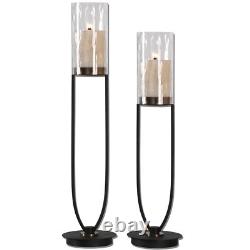 31 in Tall Iron Candle Holder Set 2 Pillar Hurricane Bronze Water Glass Open